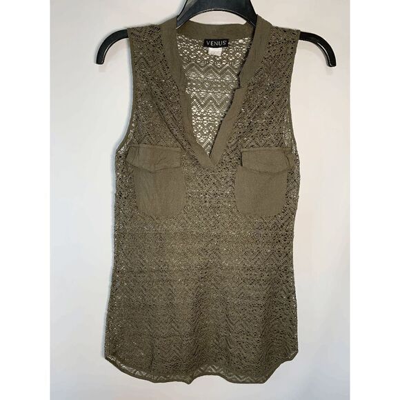Venus Women's Fully Open Lace Sleeveless Flap Pocket Blouse Olive Small - Picture 1 of 9